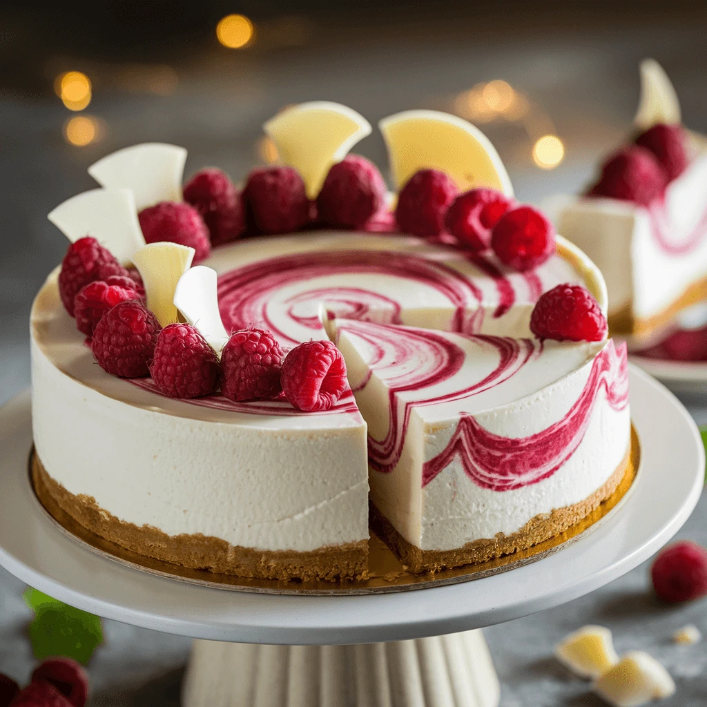 Decadent White Chocolate Raspberry Swirl Cheesecake